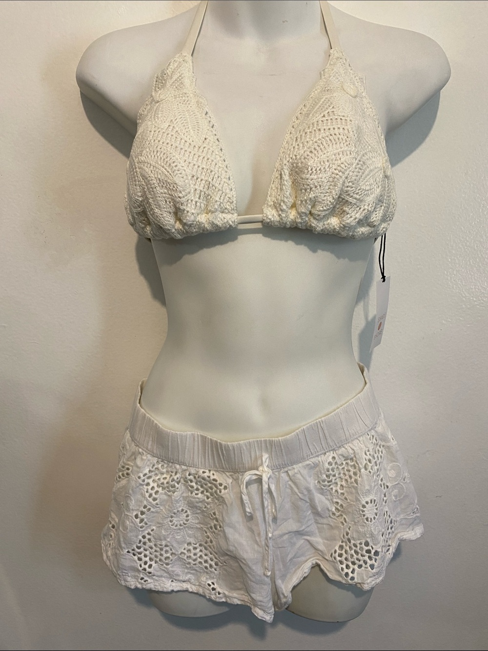 Shade & Shore Cream Crochet Triangle Bralette with Crochet-Trim Shorts